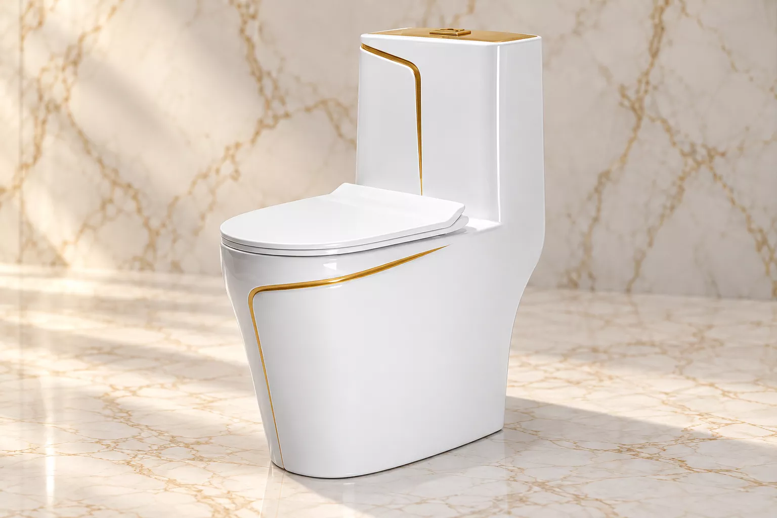 Bacia monobloco branca com filete dourado em banheiro de mármore