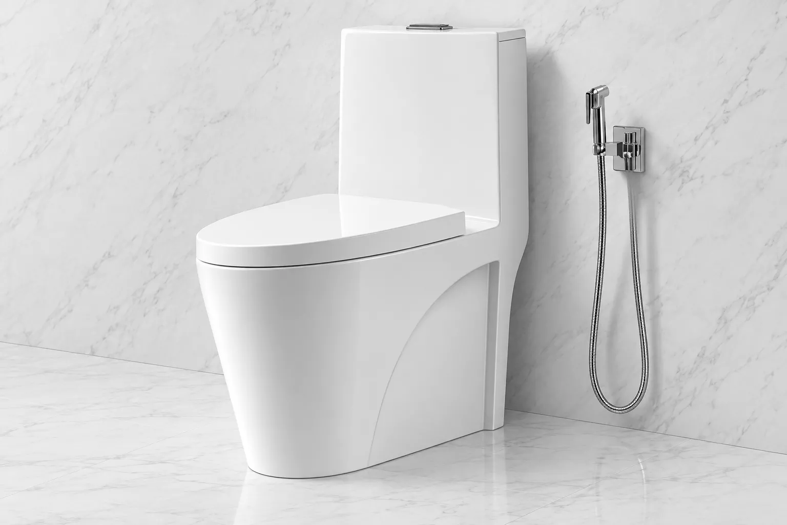 Bacia monobloco branca com ducha higiênica cromada instalada